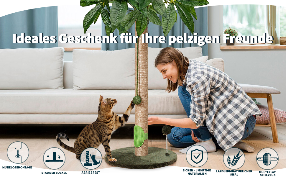 Котяча кігтеточка Meowoou з м'ячиком та стовпчиком 89 см з сизалевого мотузка, кігтешкребок для котів будь-якого віку (Fortune Tree)