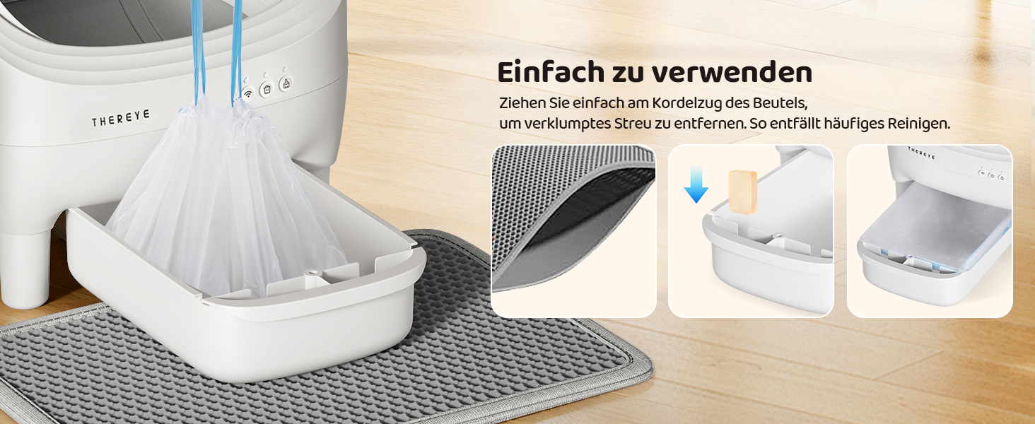 Автоматичний лоток для котів Thereye з самоочищенням, датчиком безпеки та мобільним додатком, тихий дизайн, видалення запаху, для котів вагою 1,5-12,5 кг, захист від защемлення, 14 днів відходів