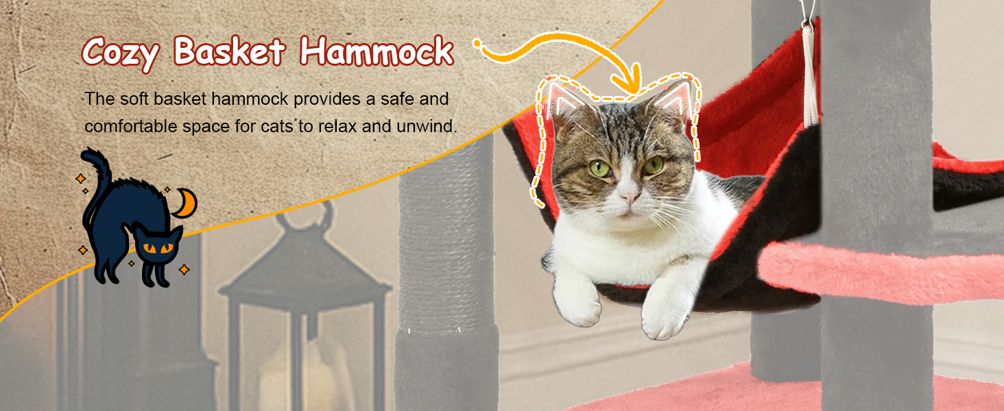 Драматичний котячий комплекс BYBYME в готичному стилі для Хелловін, 158 см, стабільний набір меблів для котів з ліжком, будиночком, гамаком, стовпчиками з сизалю, багатофункціональна котяча ігрова вежа (Чорний/Червоний)