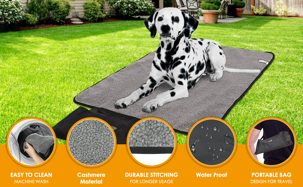 Килимок для собак Outdoor: водовідштовхувальний, 100x70 см, миючий, для подорожей та кемпінгу. З сумкою та щіткою для видалення шерсті. Підходить для собак та котів. Теплий, великий килимок для подорожей (Чорний, вовна)