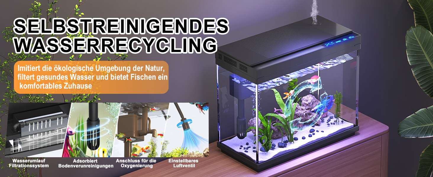 Акваріум Vehipa Nano 9L з інтелектуальним зволожувачем повітря, індикатором температури, склом UHD, 7-кольоровим підсвічуванням, 3-в-1 насосом з фільтрацією, подачею кисню та циркуляцією, чорний