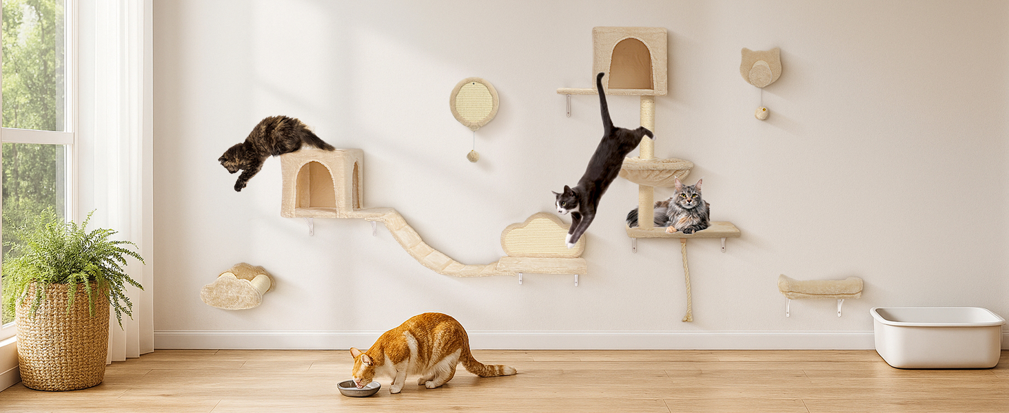 Комплекс для котів BYBYME з гамаком, ліжком та полицями, 6шт. Міцні меблі для котів з плюшевою стійкою, когтеточкою та сизалевими стовпчиками (Бежевий)