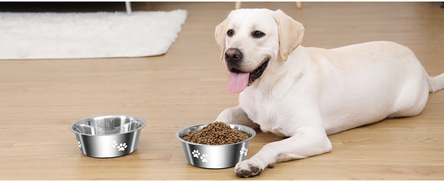 PETTOM Миски для собак з нержавіючої сталі, 2 шт. (3120 мл), миски для корму для собак великих, середніх та маленьких порід, миски для води для собак, антиковзкий силіконовий низ, розмір M - 21 см, сріблясті