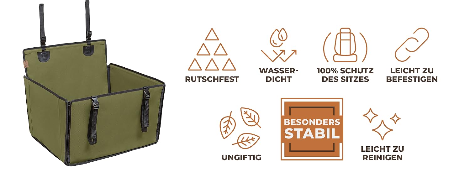 Автокрісло для собак WUGLO Extra Stabiler - міцне, водонепроникне, для собак середніх розмірів (M, Хакі)