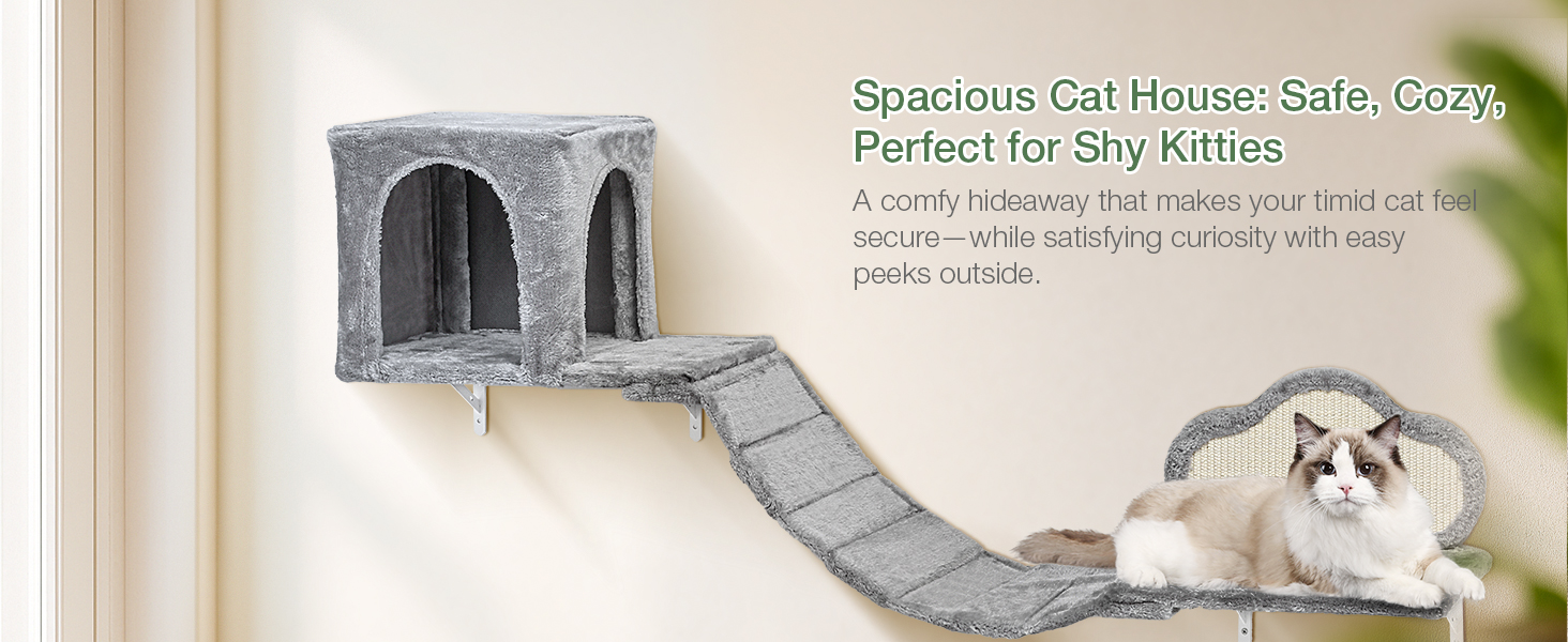 Комплекс для котів BYBYME з гамаком, ліжком та високими полицями, 6 предметів. Міцний, з плюшем, сизалевим покриттям та крізьовим покриттям. Для кількох котів. (Світло-сірий)