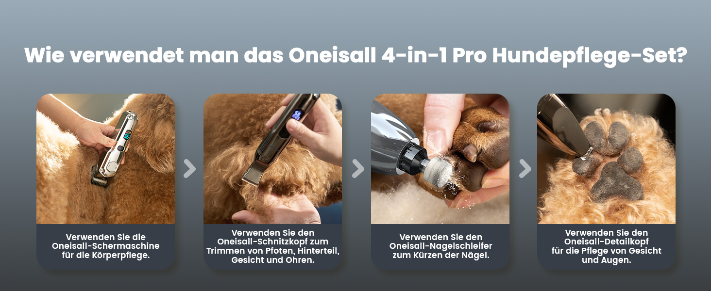 Машинка для стрижки собак Oneisall 4-в-1: стрижка, триммінг, шліфування кігтів. Підходить для собак та котів, тиха, професійна, 4 години роботи від акумулятора