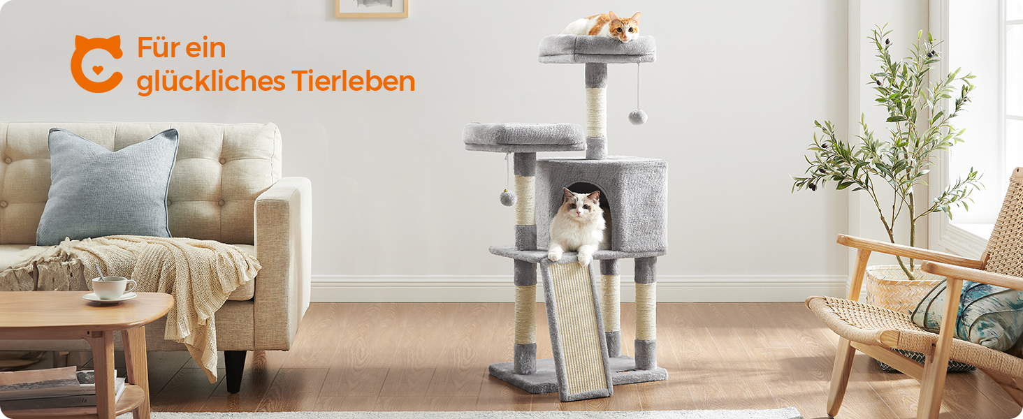Дерево для котів FEANDREA Kratzbaum, 115 см, сірий, з платформою та когтеточкою, з м'якого плюшу, повністю обмотане сизалем, PCT141W01