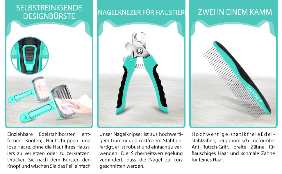 Набір для догляду за тваринами 3 шт: щітка для собак і котів, самоочисна, щітка для підшерстка та відмерлого хутра, стригувач нігтів та гребінець для шерсті, ідеально підходить для довгошерстих та короткошерстих, Зелений Аквазелений