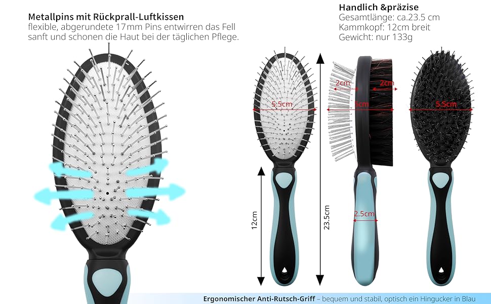 Двостороння щітка для собак та котів – вичісувальний гребінь для довгої та короткої шерсті, металеві щетинки та натуральна щетина, ергономічна ручка TPR, м'який та ефективний догляд за шерстю (Синьо-Чорний)