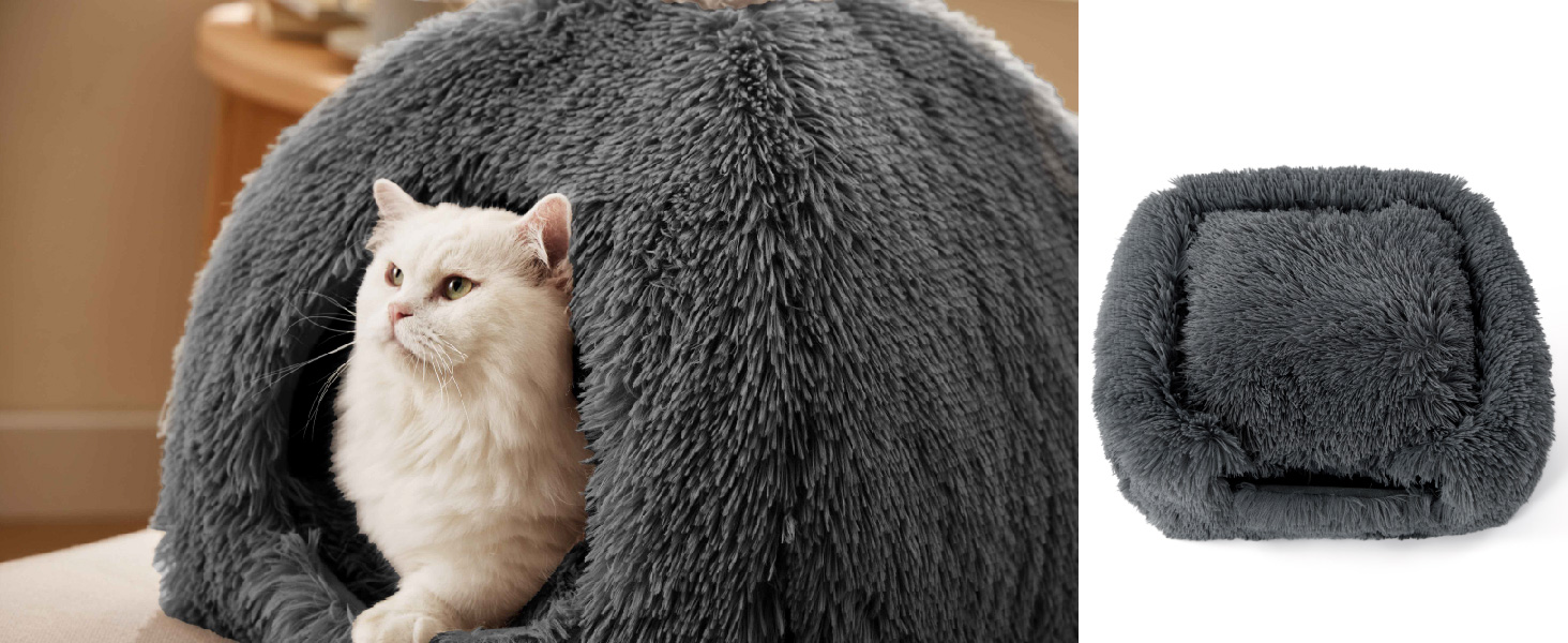 Ліжко для котів BEDSURE велике, 40x40x40 см, сіре, з подушкою та іграшкою, миється