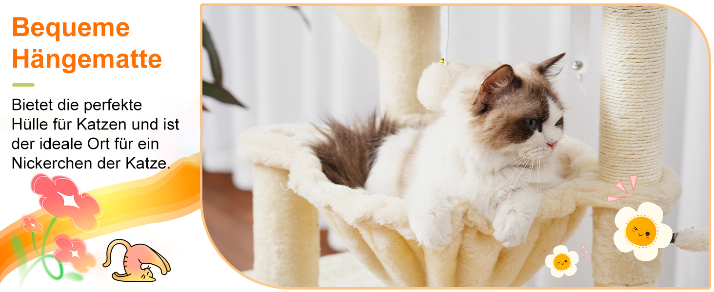 Котячий будиночок Heybly Kratzbaum: 100 см, з платформою, печерею, 2 гамаками та іграшками. Активний котячий будиночок, HCT006SW (Бежевий)