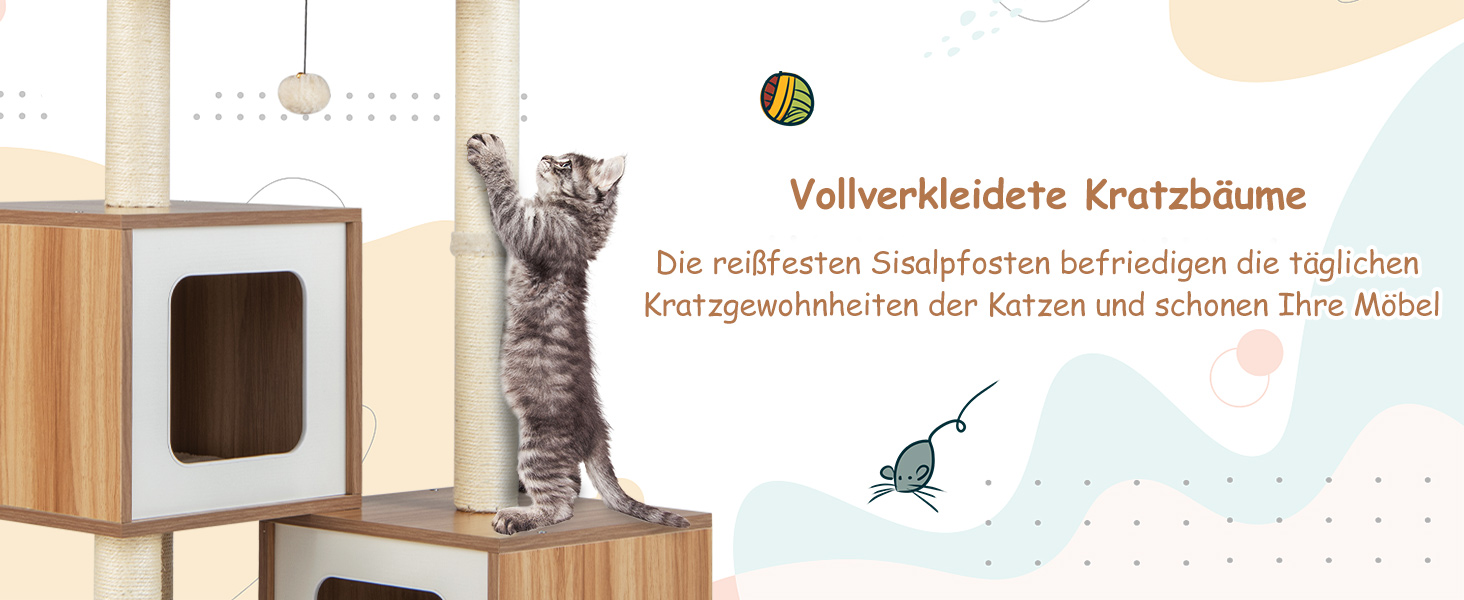 Дерев'яний кігтеточки COSTWAY 163 см, 6-ярусний, з 2 печерами, 2 килимками та 3 іграшками, для котів, бежевий+натуральний колір