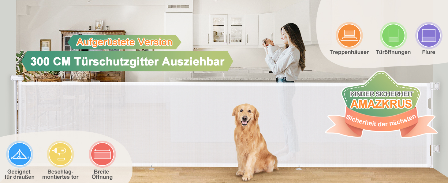 Розсувна захисна сітка для дитини та собаки, 400 см, біла. Захист для сходів/коридору/інтер'єру/екстер'єру. Висота 105 см, ширина 300 см.