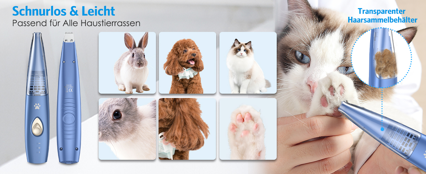 Триммер для собак Brifit з функцією всмоктування волосся, 2 швидкості, тиха машинка, USB-зарядка, для догляду за лапами, вухами, очима, обличчям, без розлітання волосся, блакитний