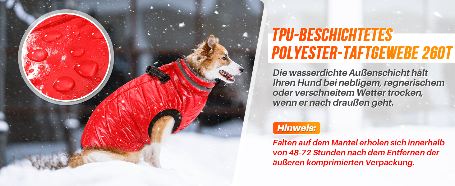 Водонепроникний собачий плащ з шлейкою, флісова комір-стійка, тепла зимова куртка для собак з подвійним блискавкою, куртка для собак з відбиваючими елементами, червоний, розмір S