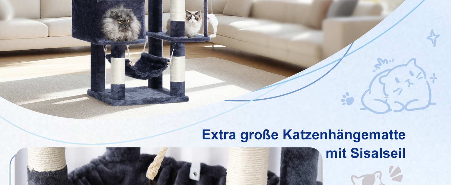 Великий котячий будиночок Kratzbaum GCT031W: 200 см, сірий, з платформами, гамаком та сизалевими стовпчиками для дому