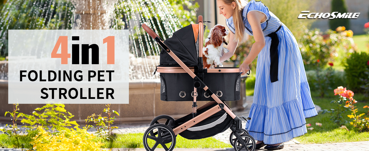 Візок для собак та котів EchoSmile 20 кг, 4-в-1, чорний: складаний, з колесами 360°, сітчастими вікнами