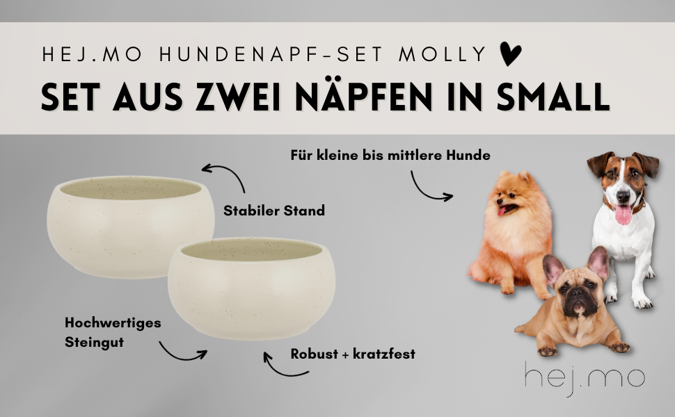 Набір мисок для собак середніх та великих порід hej.mo | 2 шт. діаметром 20 см, об'ємом 1,8 л | Кераміка, миється в посудомийній машині, стійкий до подряпин та укусів | Fressnapf та Wassernapf | Кремовий колір