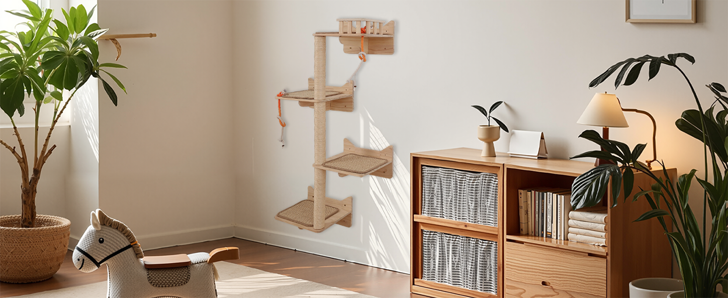 Кігтеточка на стіну MIUZMORE: 7 елементів, полиці та стійки з сизалю, кріплення, кігтешкреб для котів, компактні меблі для дому