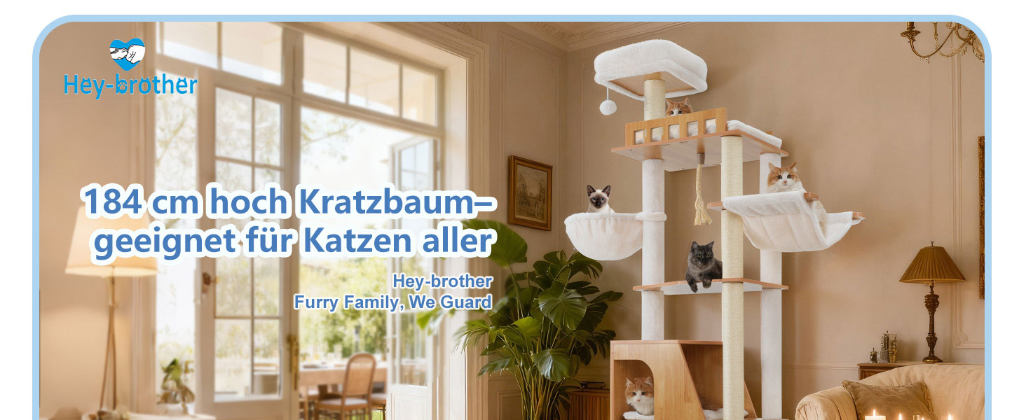 Дерев'яний кігтеточки Hey-brother Holz Kratzbaum 184 см для великих котів, багатоярусний, зі стійкою платформою, кошиком, будиночком, щіткою та драбиною, Noyer EMPJ121WB