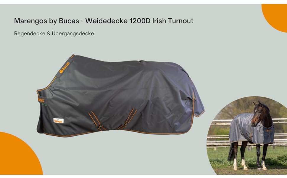 Зимова ковдра Marengos Bucas 1200D Irish Turnout - дихаюча та водонепроникна ковдра для вигулу з внутрішнім шаром та перехресним кріпленням. Сірий/Помаранчевий, розмір 145 см (наповнювач 50 г/м²)