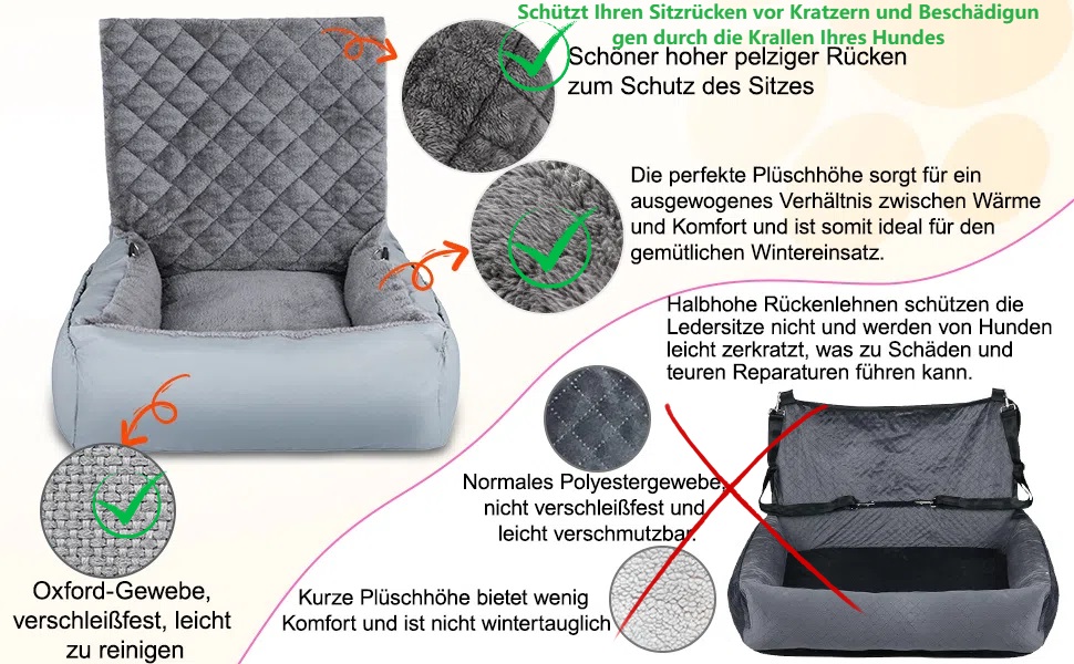 Автокрісло для собак SIVEIS – м'яке ліжко з кишенькою, для собак малого та середнього розміру, з ременем безпеки (02-Сіро-блакитний)