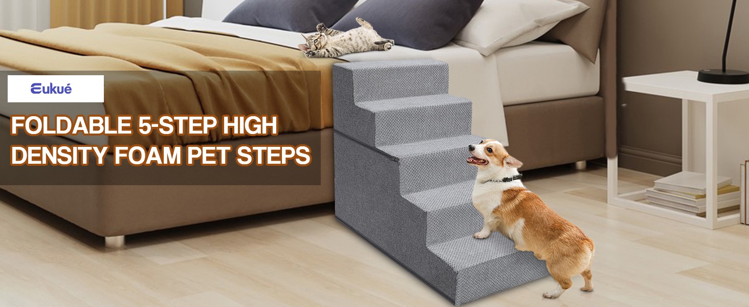 Сходинки для собак Eukue: 5 сходинок, складані, для маленьких та великих собак, з антиковзким покриттям, для доступу до ліжка/дивану, сірого кольору