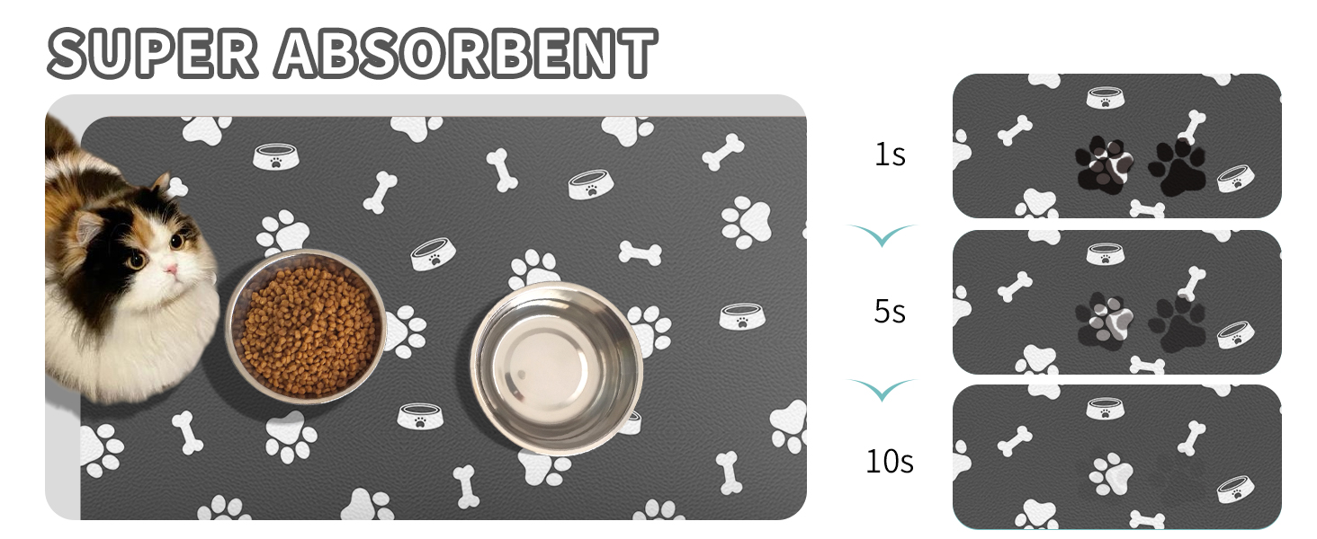 Підкладка для годівлі домашніх тварин – вбираюча підкладка під миски для їжі та води, без плям, швидковисихаюча (темно-сіра, з кількома лапами, 44.5 x 71 см)