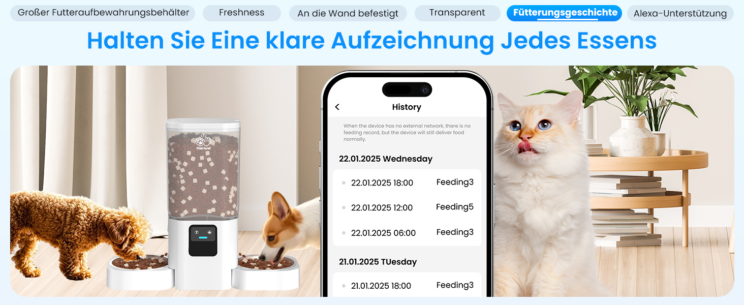 Автоматичний годівниця для котів Frienhund з 2 мисками, 7L, Wi-Fi, з програмуванням та Alexa, для 2 котів