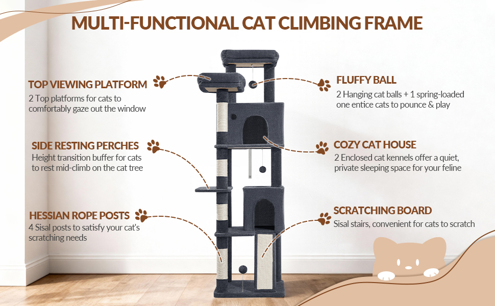 Котячий будиночок Kratzbaum 178 см: стабільний, з дряпальними стовпцями, лежаками та платформами, сірий
