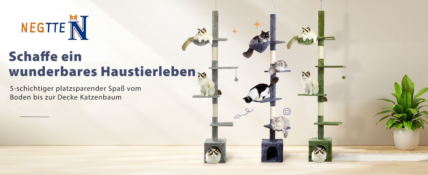 Кігтеточка NEGTTE з регулюванням висоти (230-275см) - кігтечочний комплекс з 2 кігтеточними стовпами, гамаком та будиночком. Вузька кігтеточка висотою для невеликих приміщень, система натягу стелі, страховий ремінь, темно-сірий колір