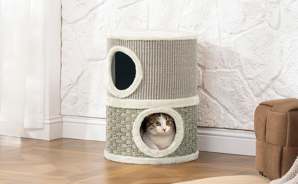 Котячий будиночок PawHut з когтеточкою, 79 см, 3 яруси, когтеточка з сизалевого мотузка, плюшеве гніздо, для великих котів, бежевий+коричневий