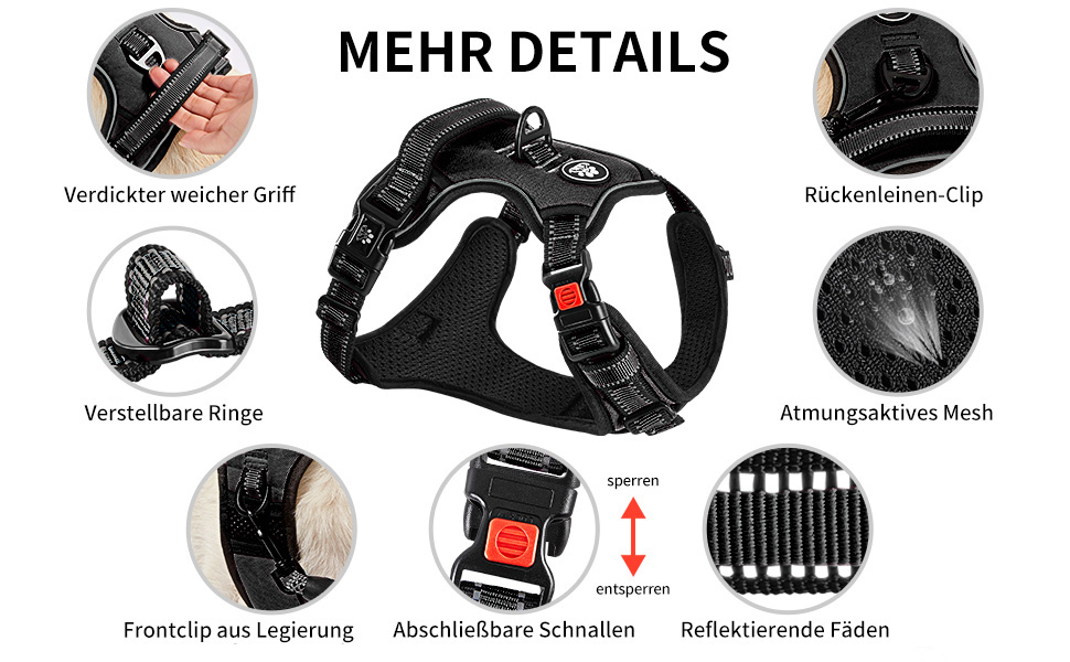 Нашийник для собак великих порід NESTROAD, поводок та ремінь безпеки для авто, чорний, розмір L (обхват шиї 38-48 см, обхват грудей 48-74 см)