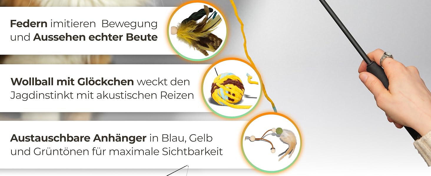 BuddyPaws® Паличка-пір'їна для котів Stabil – Інтерактивна іграшка з 4 пір'ями та котячою м'ятою, висувна 42-104 см, гнучка, з запасним шнуром, аксесуари для котів