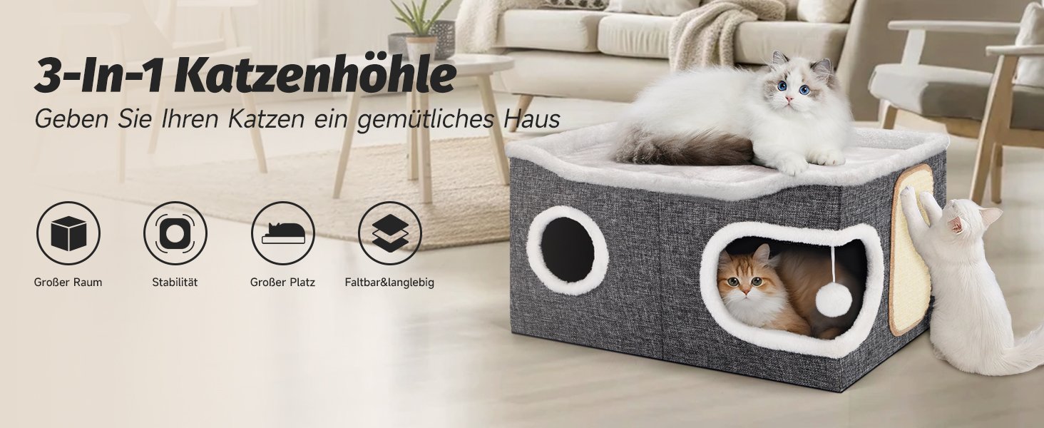 Шика Будинок-печеринка для котів, великий закритий будиночок для котів, 61T*45B*32H см, двоярусний куб для котів, XXL печеринка для котів з когтеточкою та іграшкою, будиночок-печеринка для маленьких та середніх тварин, великий, сірий