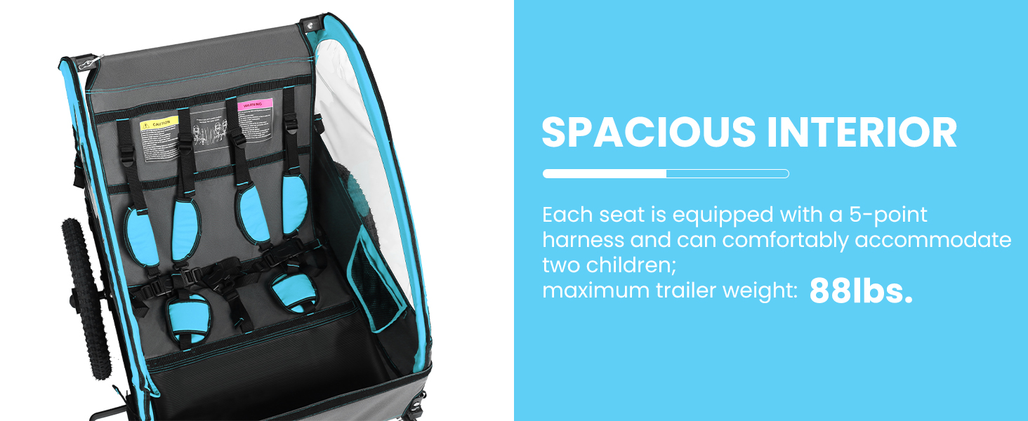 Дитячий велопричіп Sepnine для 2 дітей, від 12 місяців, з 5-точковим ременем та сумками, синій BT609