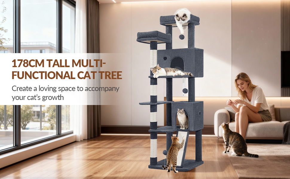 Котячий будиночок Kratzbaum 178 см: стабільний, з дряпальними стовпцями, лежаками та платформами, сірий