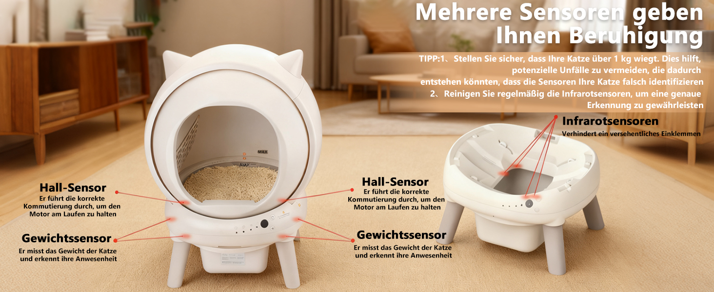 Автоматичний лоток для котів Katzenklo Selbstreinigend 73L з додатком, датчиками безпеки, захистом від запаху та моніторингом здоров'я. Підходить для кількох котів. Коврик для котячого туалету в комплекті. Колір: сірий.