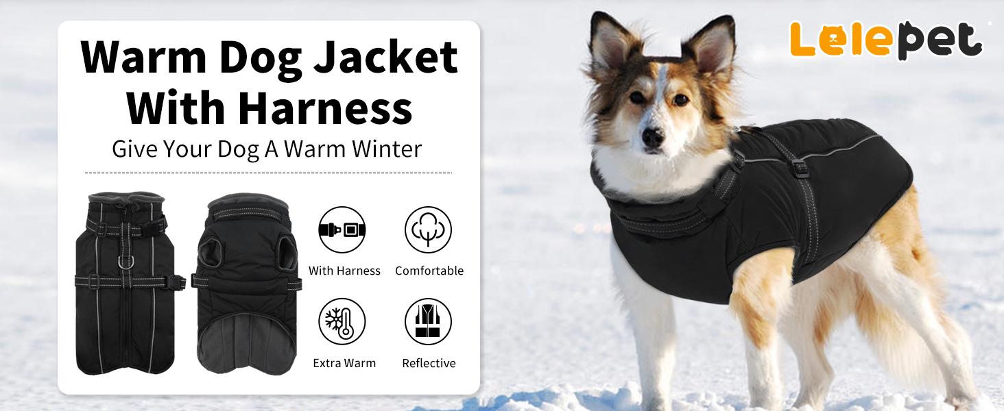 Зимовий одяг для собак Lelepet: теплий, вільний від вітру, з інтегрованим шлейкою, з флісовою підкладкою, світловідбиваючий, чорний, 3XL