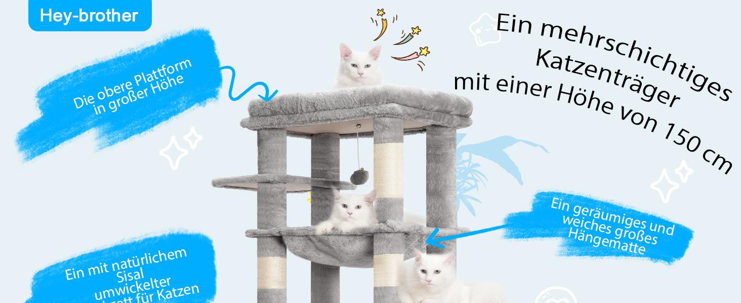 Багатоярусний котячий будиночок Hey-brother Kratzbaum з лежаком, гамаком та котячим будиночком, 145 см, сірий EMPJ057W