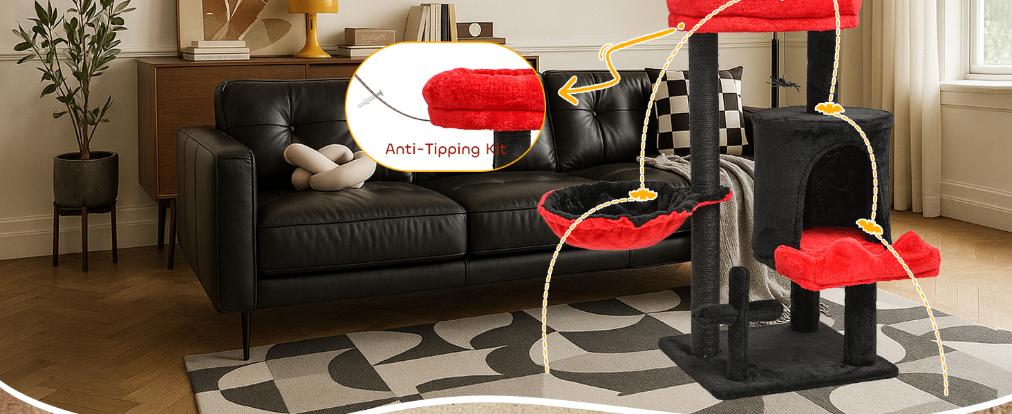 Котячий комплекс Gothic Halloween: стійка кімната з ліжком, будиночком та когтеточками, 84.5 см (Чорний/Червоний)