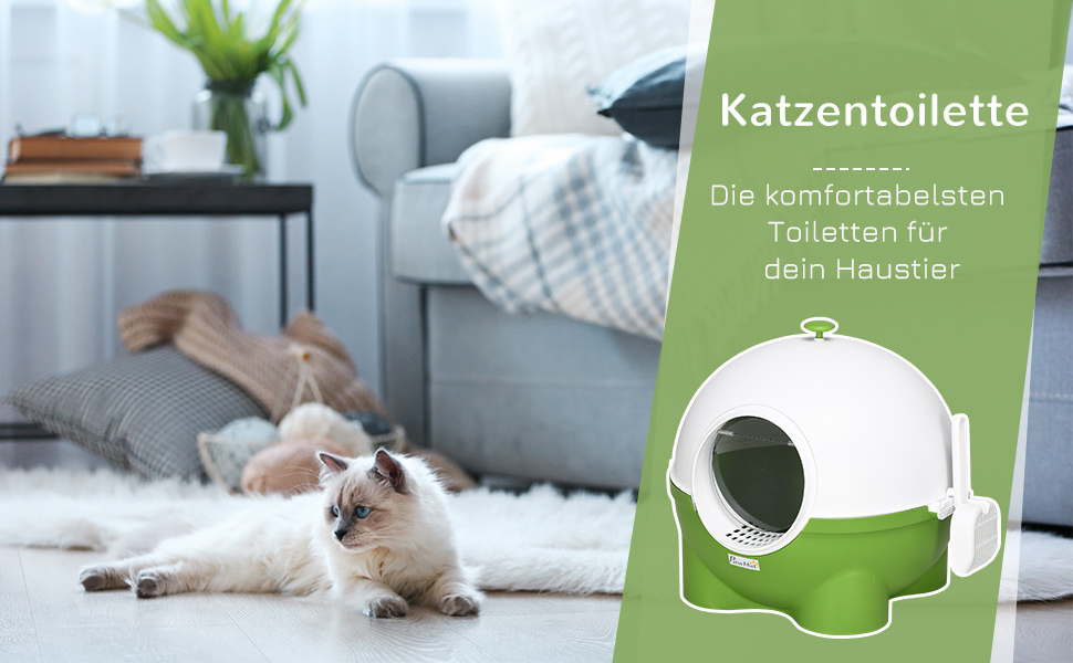 Лоток для котів PawHut з кришкою, лопатка, для кошенят до 4 кг, для дому, пластик, зелений+білий, 53 x 51 x 48 см