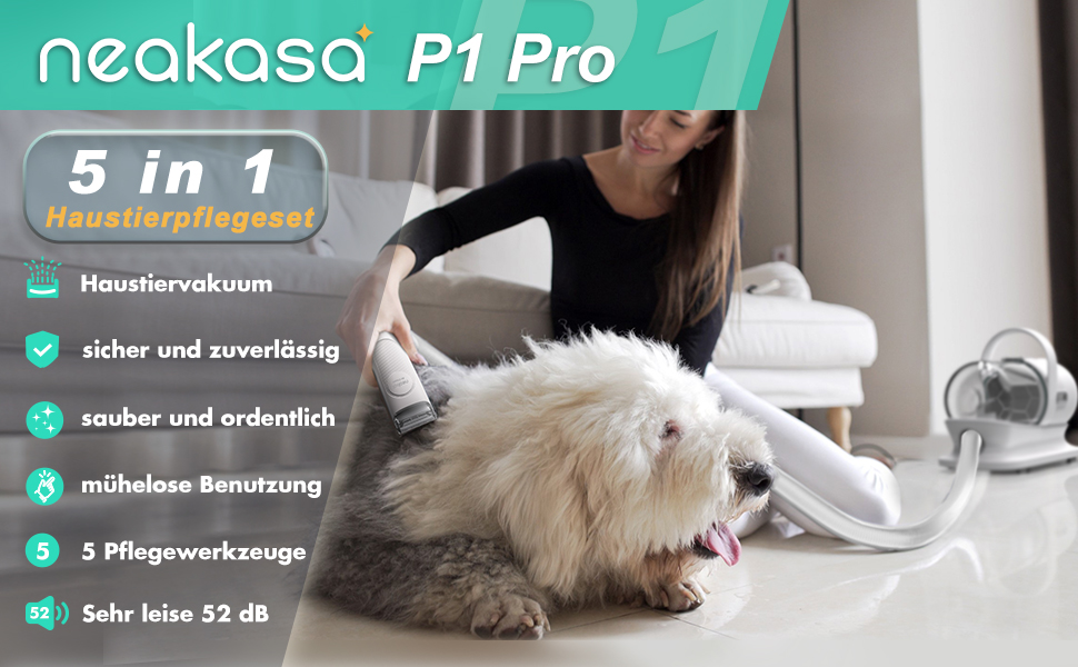 Машинка для стрижки собак Neakasa P1 Pro з пилососом, тиха машинка для собак та котів, професійний набір для грумінгу домашніх тварин, електричний триммер для собак з 5 аксесуарами, білий