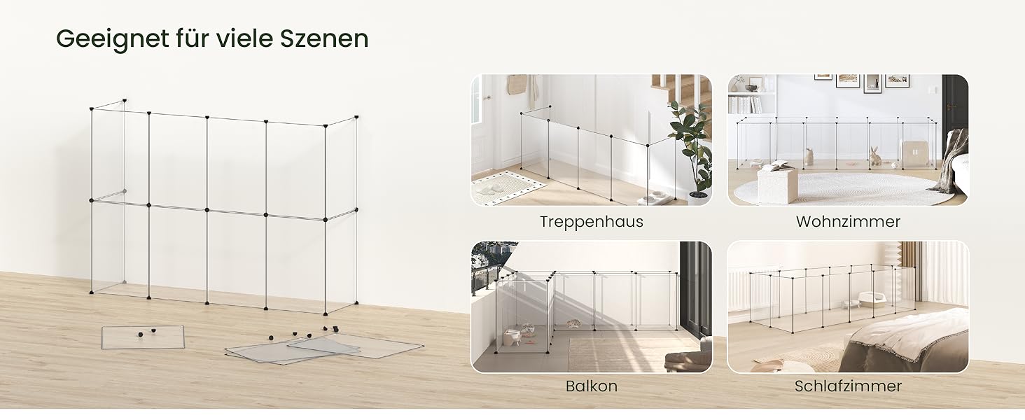 Кігульник для кроликів та інших дрібних тварин EUGAD, 16 прозорих панелей, 50x72 см, розширюваний, для кроликів, морських свинок, хом'яків, їжаків, 302x102x72 см (16 шт.)