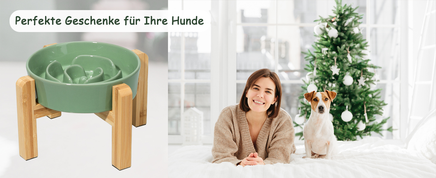 Миска для собак Antischlingnapf Keramik Erhöшена - керамічна миска для собак на бамбуковому підставці - миска для повільного годування - для маленьких та середніх собак - біла - діаметр 17 см