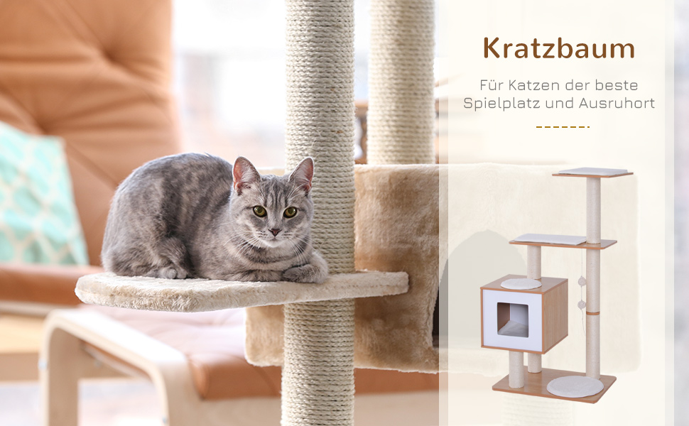 Кігтеточка PawHut для котів з лежаком, інтерактивною іграшкою та сизалевим покриттям, 71.5 x 49.5 x 120 см