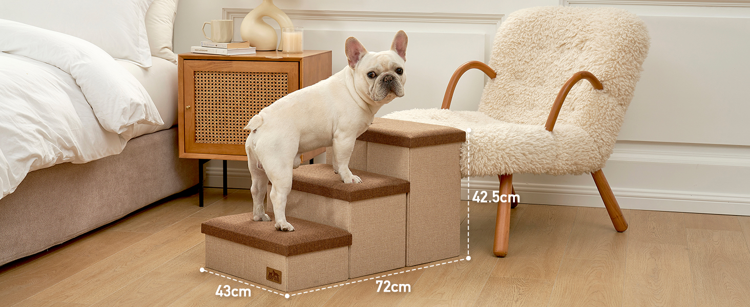 Сходинка для собак маленьких порід зі зберіганням, широка, складна для ліжка та дивану, з неслизьким покриттям, вологостійка (3x97x56 см), колір: коричневий, 4 ступінці, розмір: 43x97x56 см