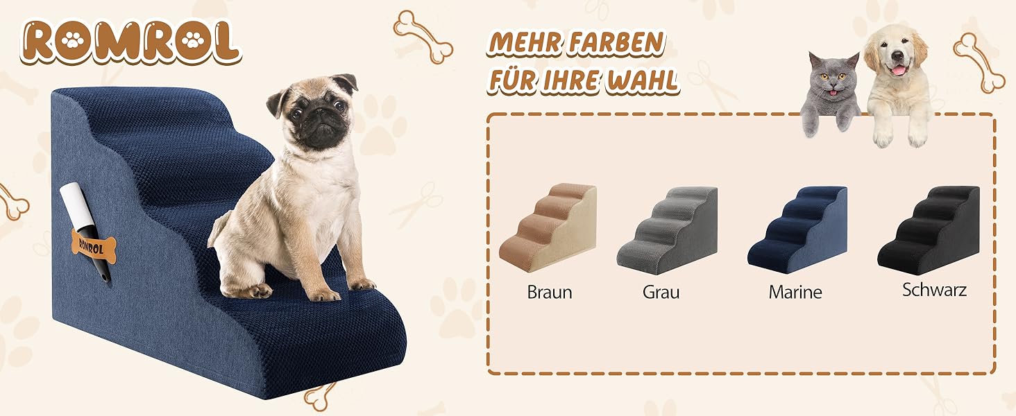 Сходинки для собак та котів Romrol – 4 сходинки, м'який Memory Foam, неслизьке покриття, для захисту суглобів, синій