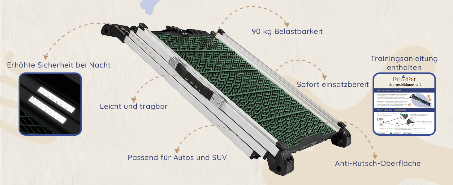 Трампліна для собак у машину, складна, стабільна, до 90 кг, алюмінієва, для великих собак, з відбивачами, сіра (лісовий зелений)