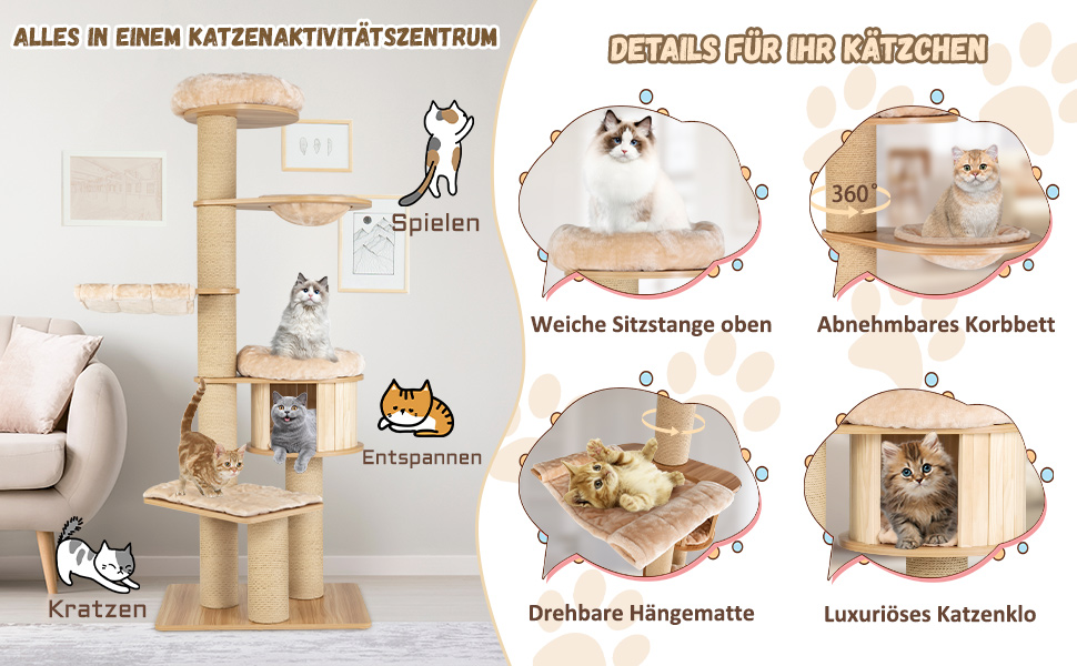 Багатоповерховий котячий комплекс COSTWAY з дерева, 191 см: кігтеточка, гамак, будиночок, кошик, стовпчики з сизалю, активний ігровий комплекс для котів, бежевий, 6 поверхів